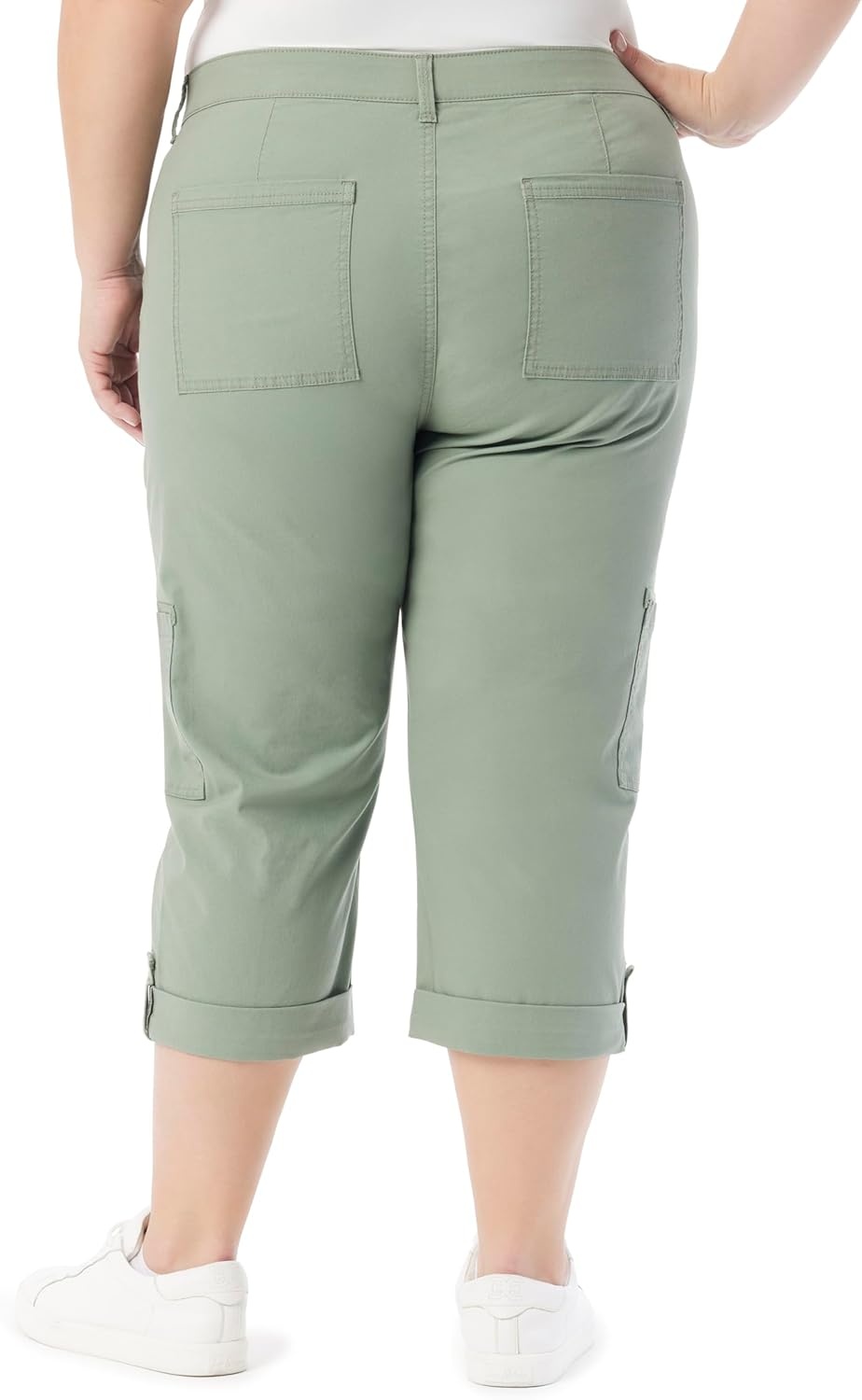 image:imageGloria Vanderbilt Womens Cargo Capri Tab Roll Cuff with Zip Front and Elastic Waist StandardGarden Sage