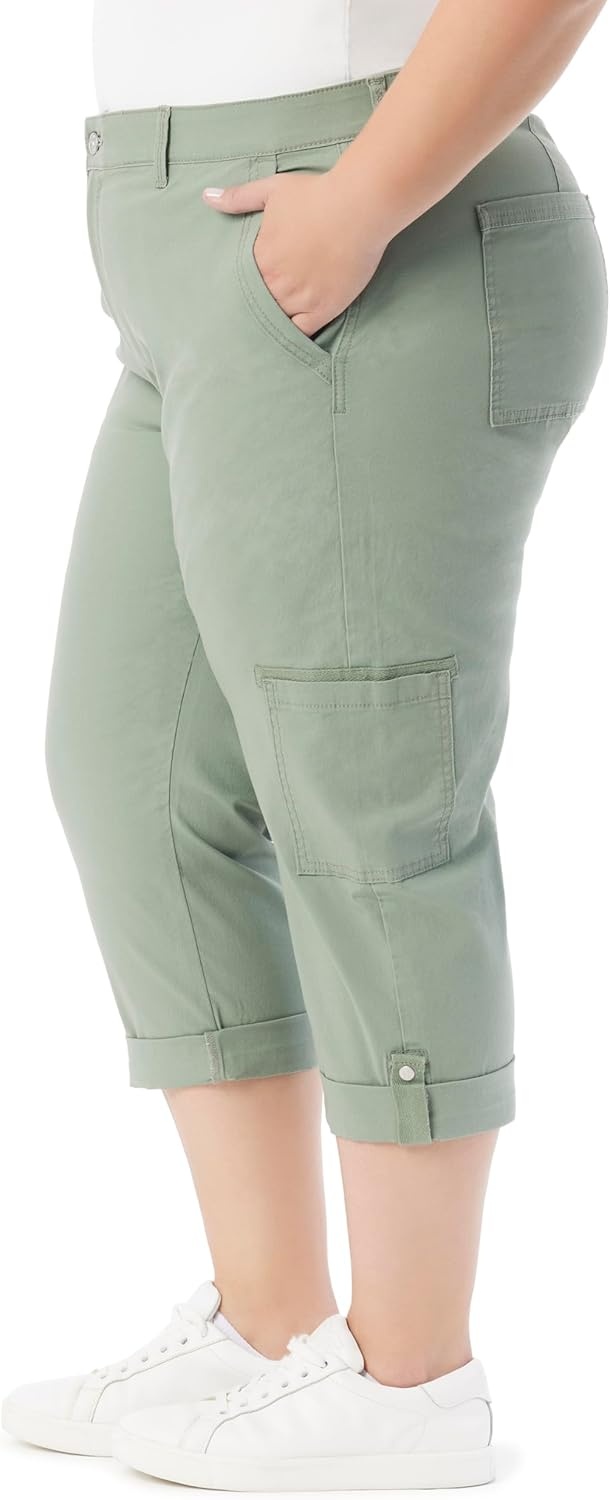 image:imageGloria Vanderbilt Womens Cargo Capri Tab Roll Cuff with Zip Front and Elastic Waist StandardGarden Sage