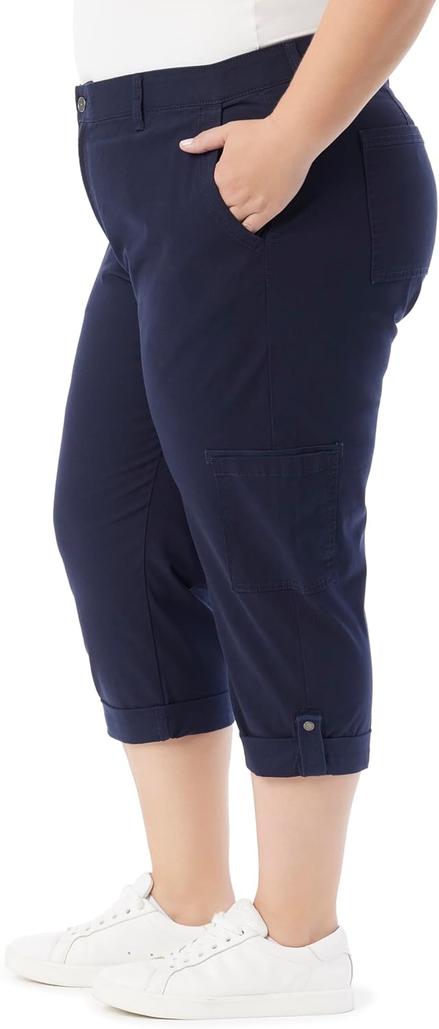 image:imageGloria Vanderbilt Womens Cargo Capri Tab Roll Cuff with Zip Front and Elastic Waist StandardMidnight Affair