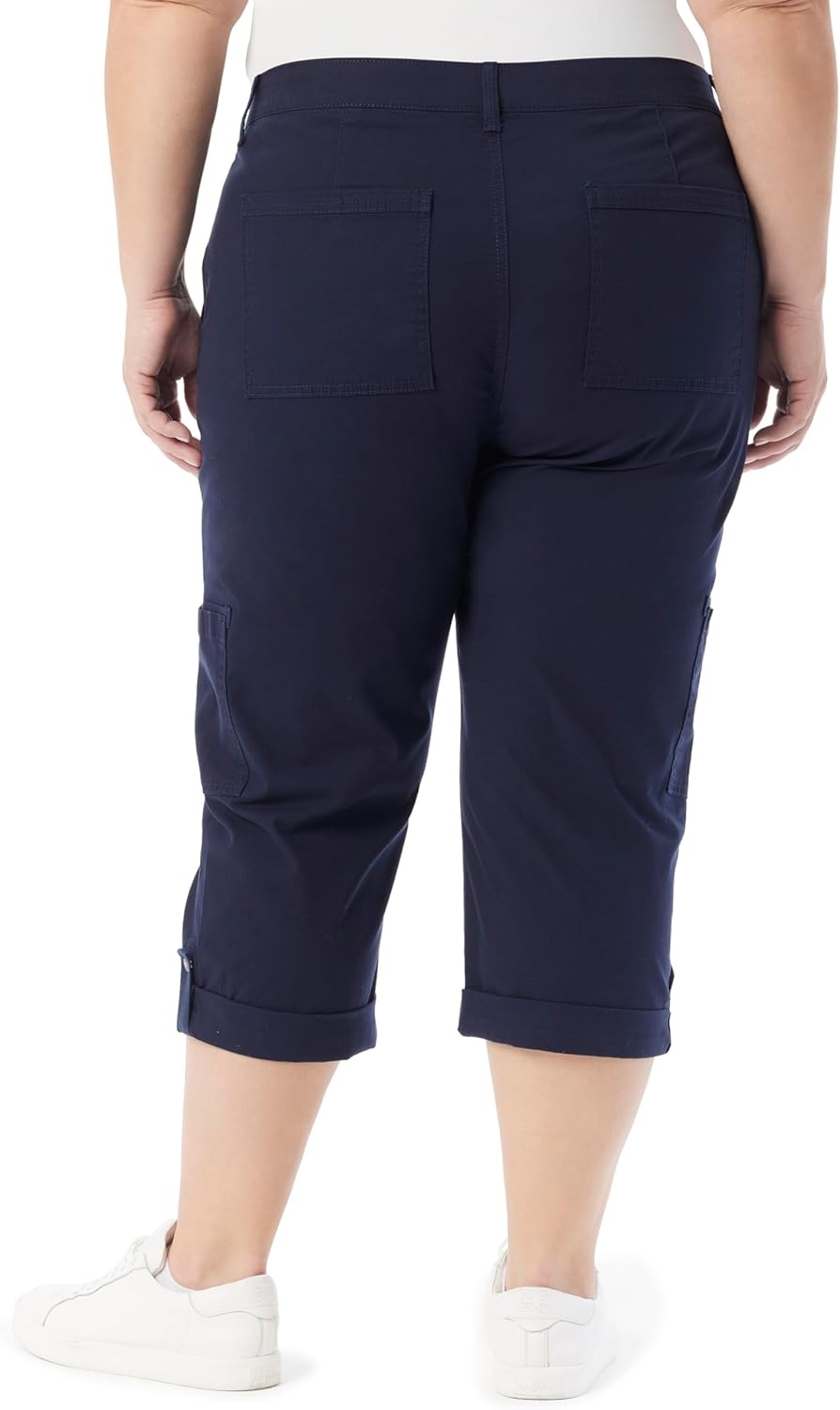 image:imageGloria Vanderbilt Womens Cargo Capri Tab Roll Cuff with Zip Front and Elastic Waist StandardMidnight Affair