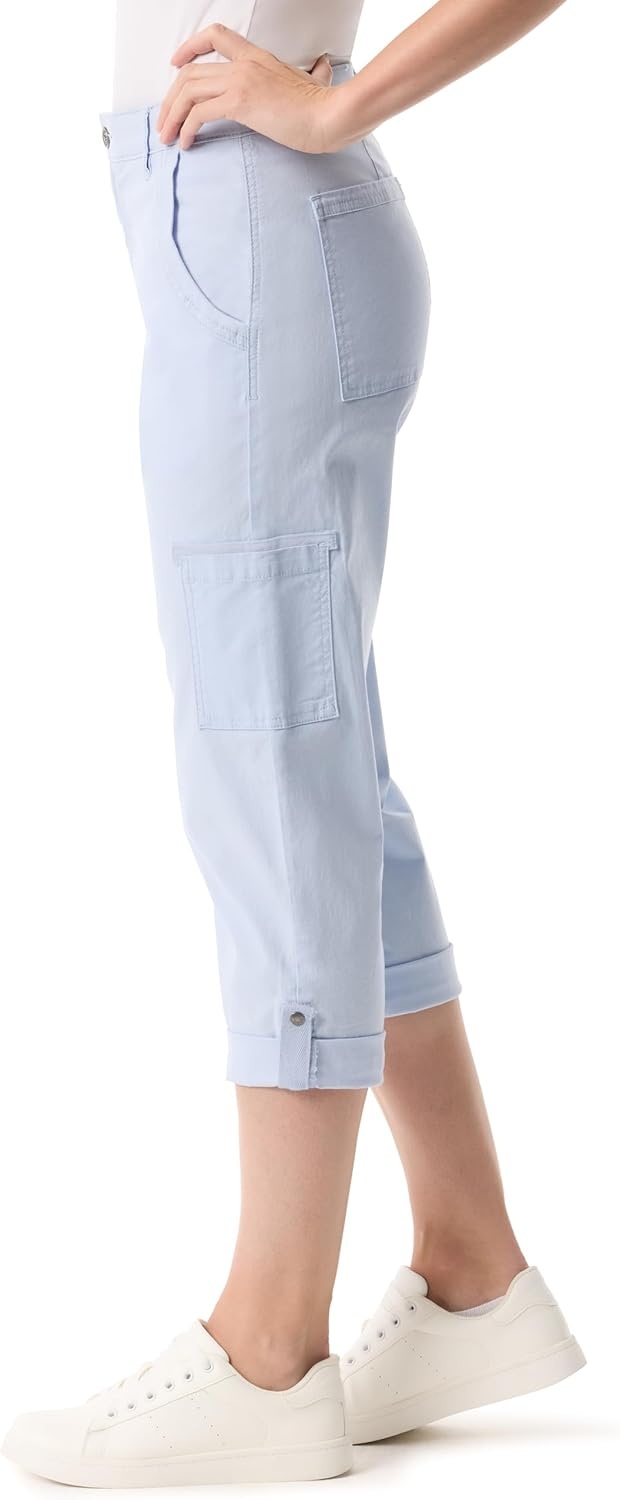 image:imageGloria Vanderbilt Womens Cargo Capri Tab Roll Cuff with Zip Front and Elastic Waist StandardMorning Dew