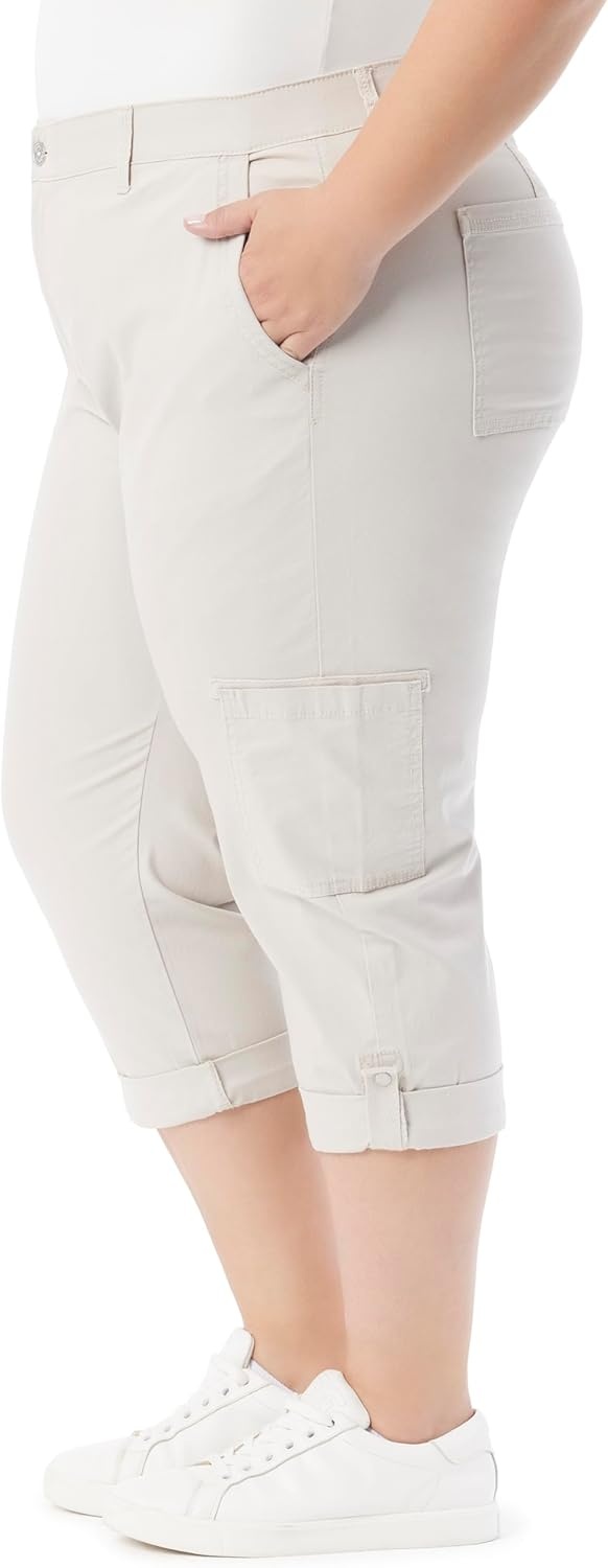 image:imageGloria Vanderbilt Womens Cargo Capri Tab Roll Cuff with Zip Front and Elastic Waist StandardStonewood