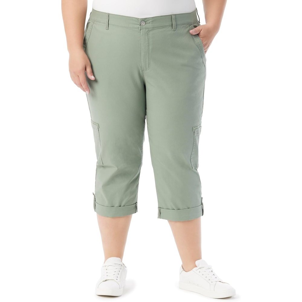 image:imageGloria Vanderbilt Womens Cargo Capri Tab Roll Cuff with Zip Front and Elastic Waist StandardGarden Sage