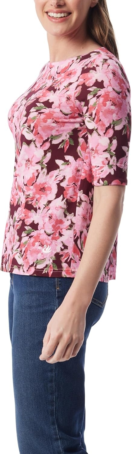 image:imageGloria Vanderbilt Womens Alanis Boat Neck Knit Tee Shirt with Elbow Sleeves StandardBurgundy Elixir Hazy Bloom