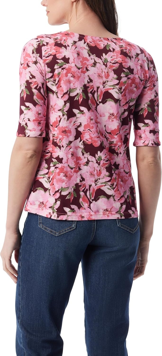 image:imageGloria Vanderbilt Womens Alanis Boat Neck Knit Tee Shirt with Elbow Sleeves StandardBurgundy Elixir Hazy Bloom