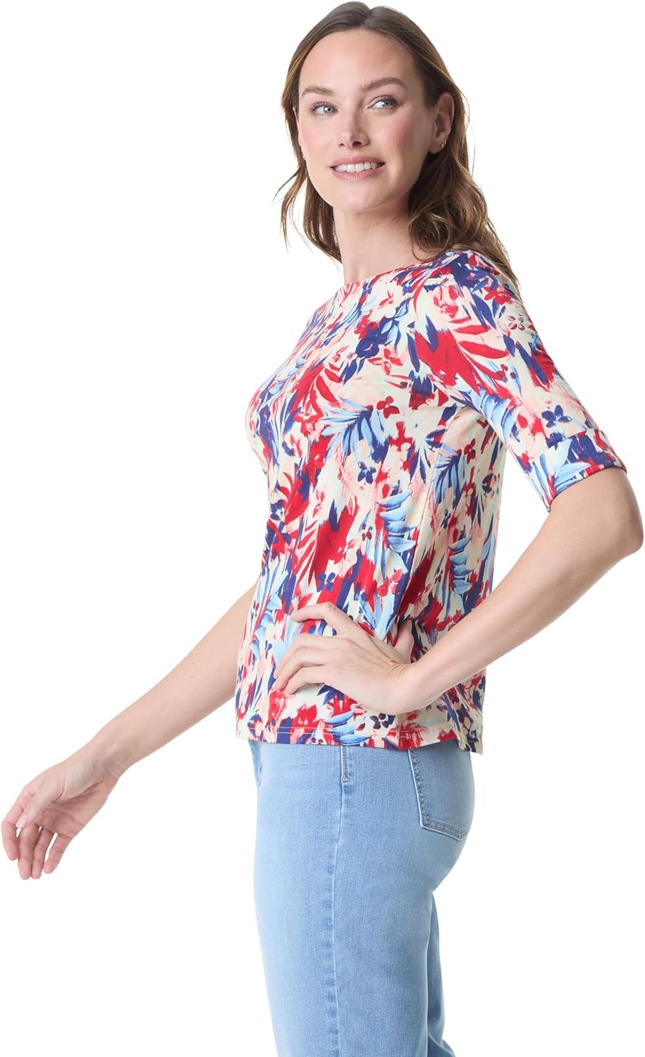 image:imageGloria Vanderbilt Womens Alanis Boat Neck Knit Tee Shirt with Elbow Sleeves StandardCherry Fizz Brushed Jardin