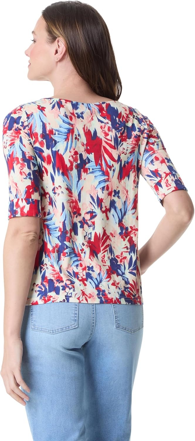 image:imageGloria Vanderbilt Womens Alanis Boat Neck Knit Tee Shirt with Elbow Sleeves StandardCherry Fizz Brushed Jardin