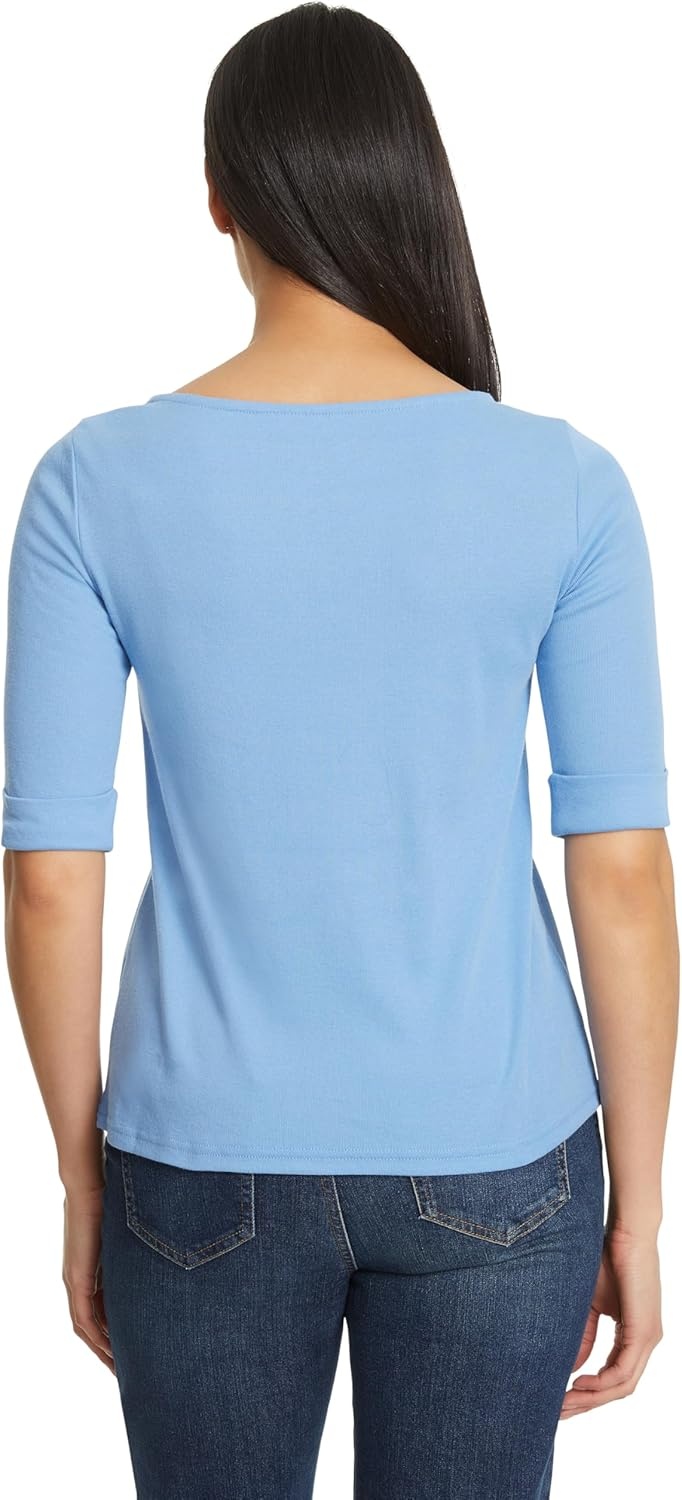 image:imageGloria Vanderbilt Womens Alanis Boat Neck Knit Tee Shirt with Elbow Sleeves StandardCool Lagoon