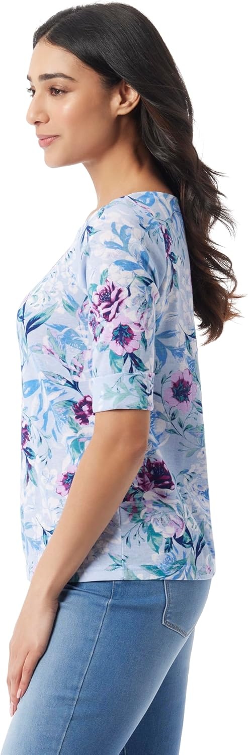 image:imageGloria Vanderbilt Womens Alanis Boat Neck Knit Tee Shirt with Elbow Sleeves StandardDreamy Blue Toscana Floral