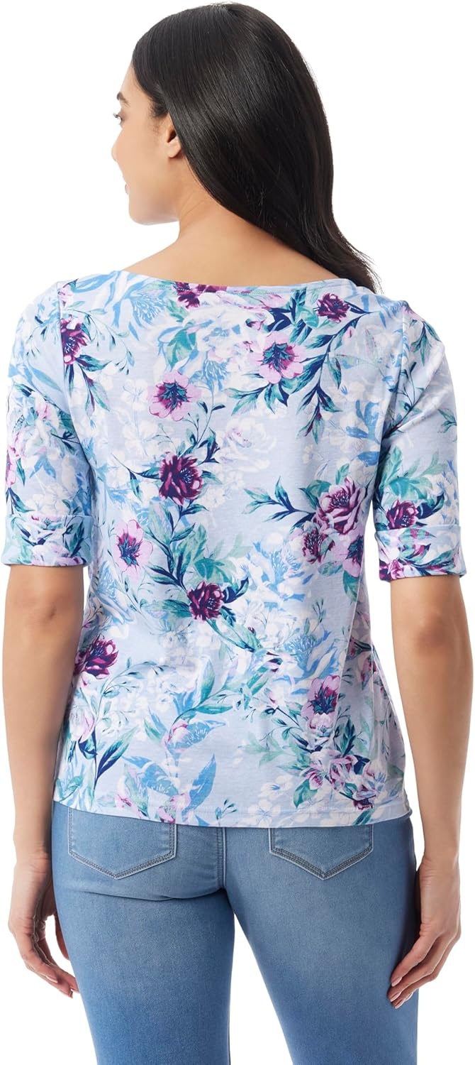 image:imageGloria Vanderbilt Womens Alanis Boat Neck Knit Tee Shirt with Elbow Sleeves StandardDreamy Blue Toscana Floral