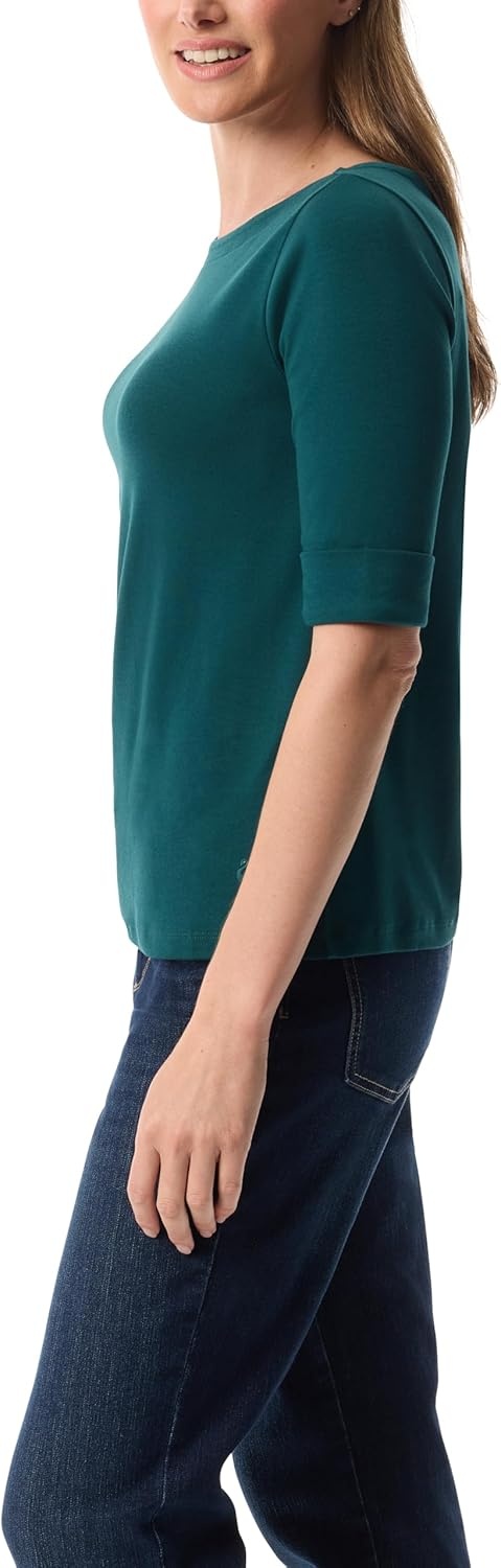 image:imageGloria Vanderbilt Womens Alanis Boat Neck Knit Tee Shirt with Elbow Sleeves StandardGreen Depths