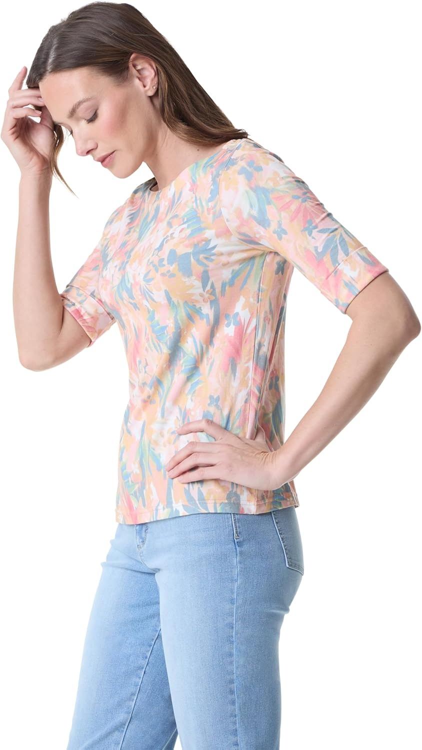 image:imageGloria Vanderbilt Womens Alanis Boat Neck Knit Tee Shirt with Elbow Sleeves StandardGuava Ice Brushed Jardin