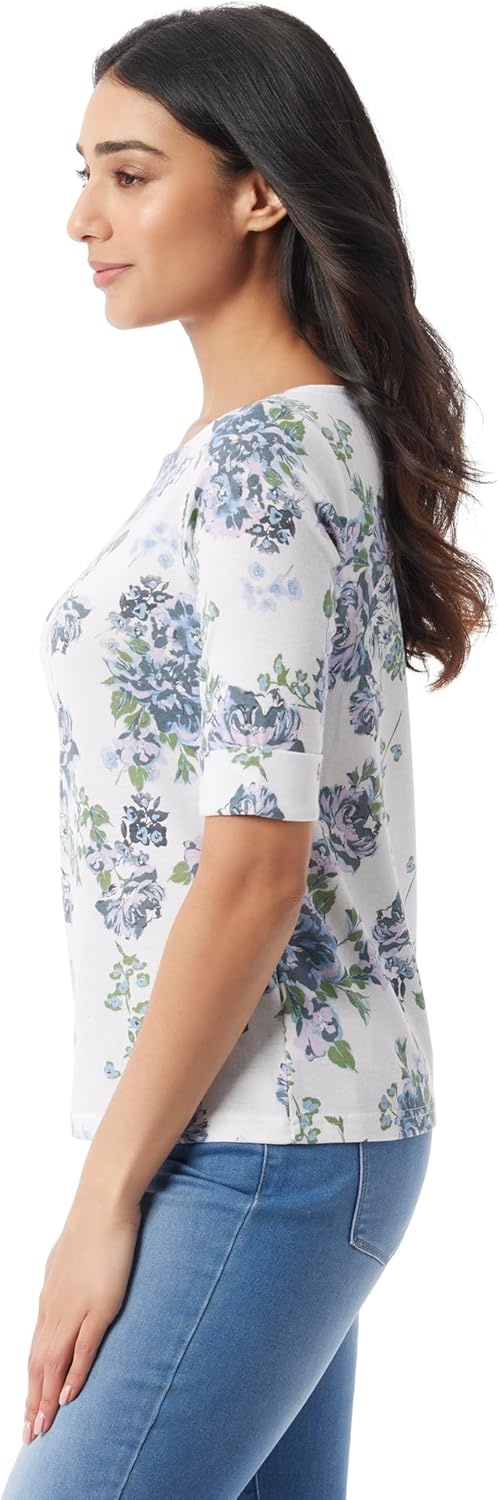 image:imageGloria Vanderbilt Womens Alanis Boat Neck Knit Tee Shirt with Elbow Sleeves StandardMulti White Oleander Garden