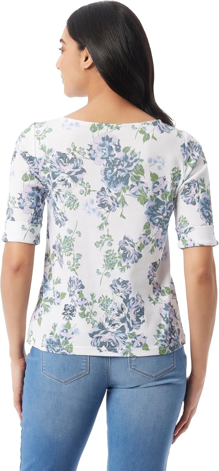 image:imageGloria Vanderbilt Womens Alanis Boat Neck Knit Tee Shirt with Elbow Sleeves StandardMulti White Oleander Garden