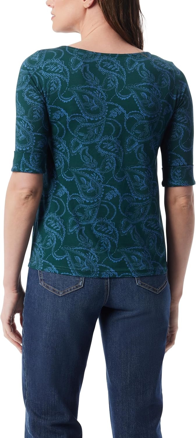 image:imageGloria Vanderbilt Womens Alanis Boat Neck Knit Tee Shirt with Elbow Sleeves StandardPonderosa Spruce Petite Paisley Etching