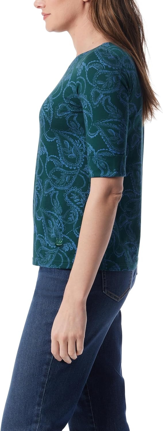 image:imageGloria Vanderbilt Womens Alanis Boat Neck Knit Tee Shirt with Elbow Sleeves StandardPonderosa Spruce Petite Paisley Etching