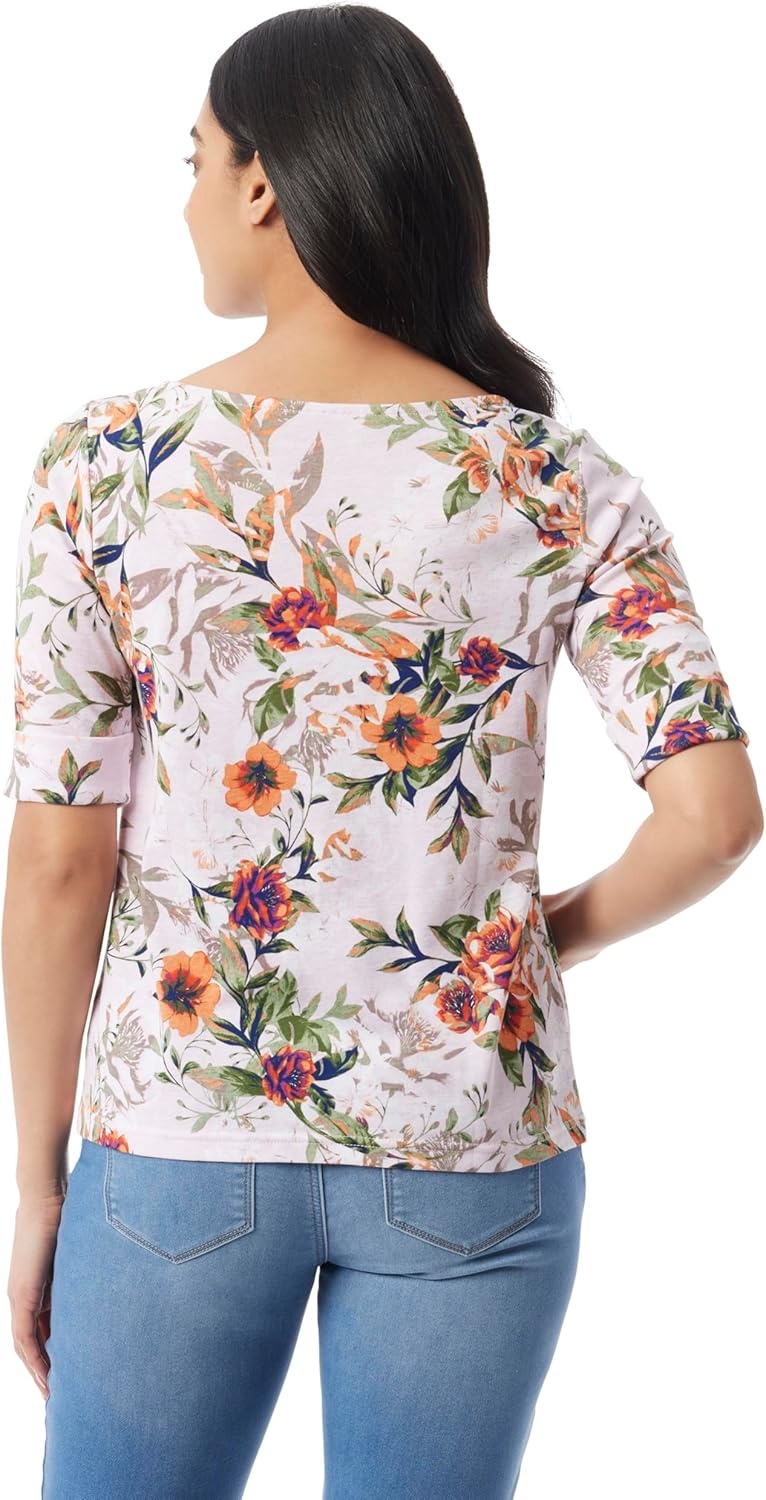 image:imageGloria Vanderbilt Womens Alanis Boat Neck Knit Tee Shirt with Elbow Sleeves StandardSoft Peony Toscana Floral