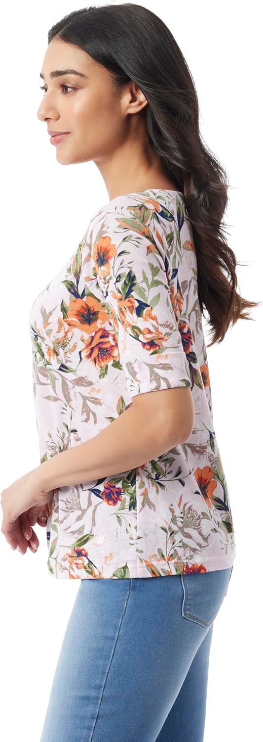 image:imageGloria Vanderbilt Womens Alanis Boat Neck Knit Tee Shirt with Elbow Sleeves StandardSoft Peony Toscana Floral