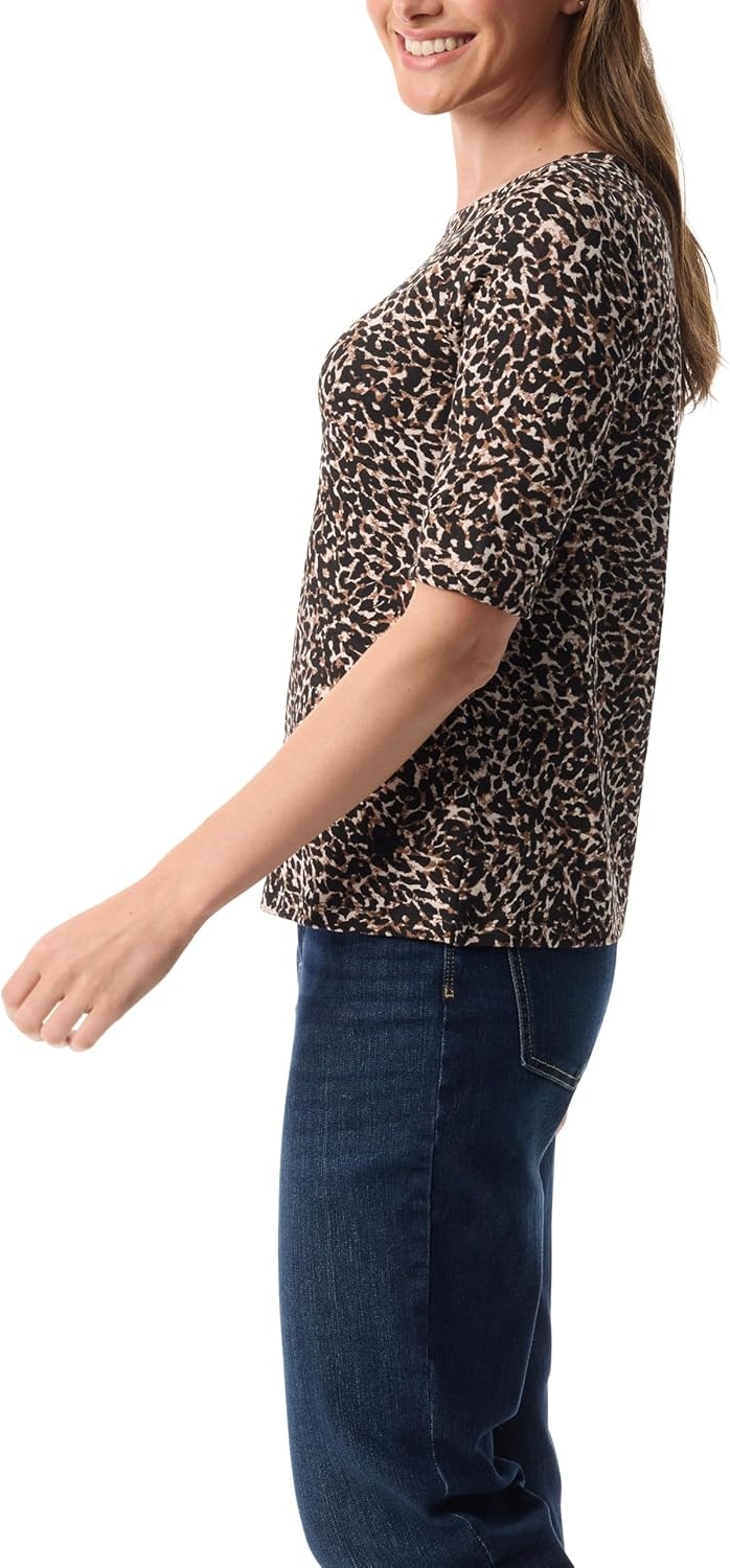 image:imageGloria Vanderbilt Womens Alanis Boat Neck Knit Tee Shirt with Elbow Sleeves StandardStonewood Serengeti Serval