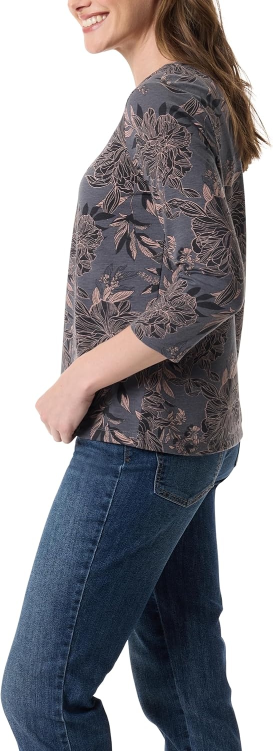 image:imageGloria Vanderbilt Womens Amanda 34 Sleeve Soft Knit Top StandardBoulder Grey Linear Peony