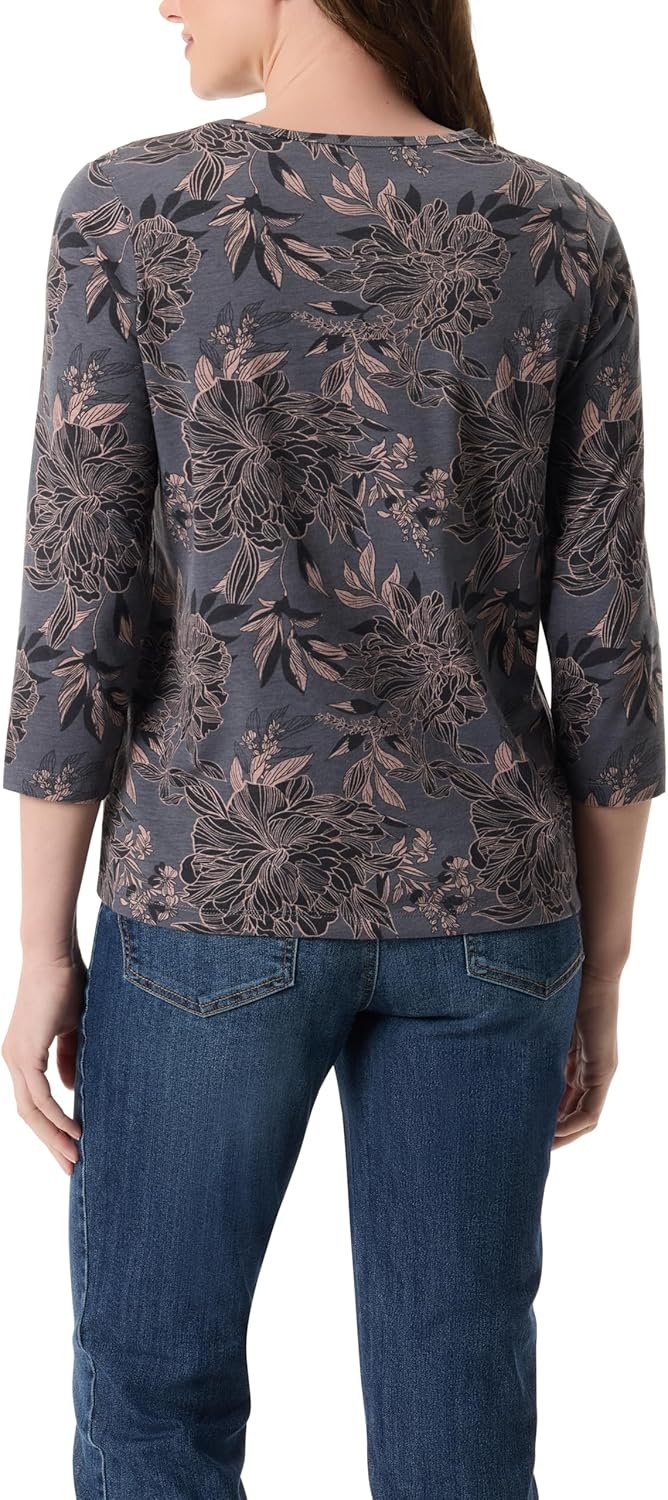 image:imageGloria Vanderbilt Womens Amanda 34 Sleeve Soft Knit Top StandardBoulder Grey Linear Peony