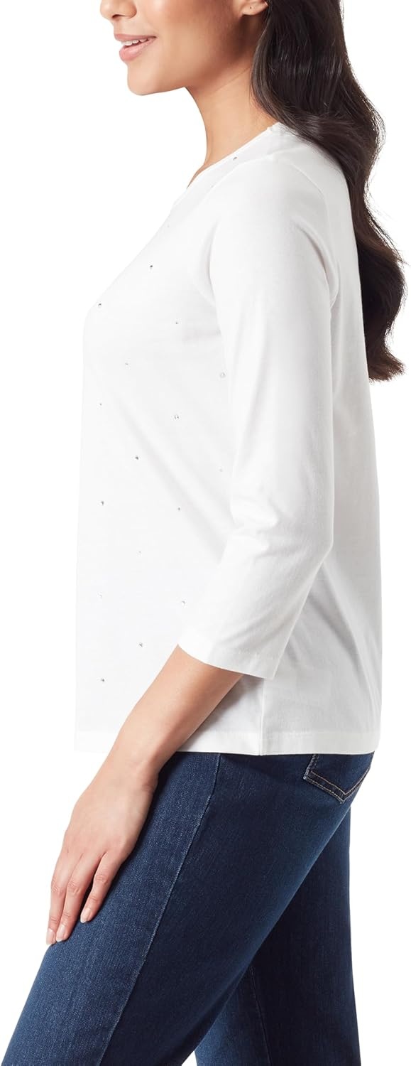 image:imageGloria Vanderbilt Womens Amanda 34 Sleeve Soft Knit Top StandardVintage White Glitz