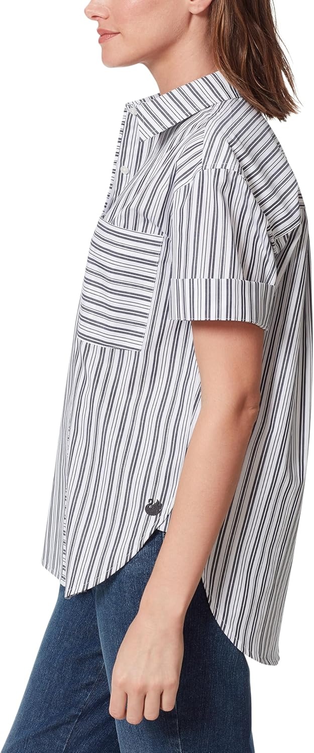 image:imageGloria Vanderbilt Womens Amanda Button Down Shirt with Cuffed Short Sleeves and Patch Pockets StandardMidnight Affair Santorini Stripe