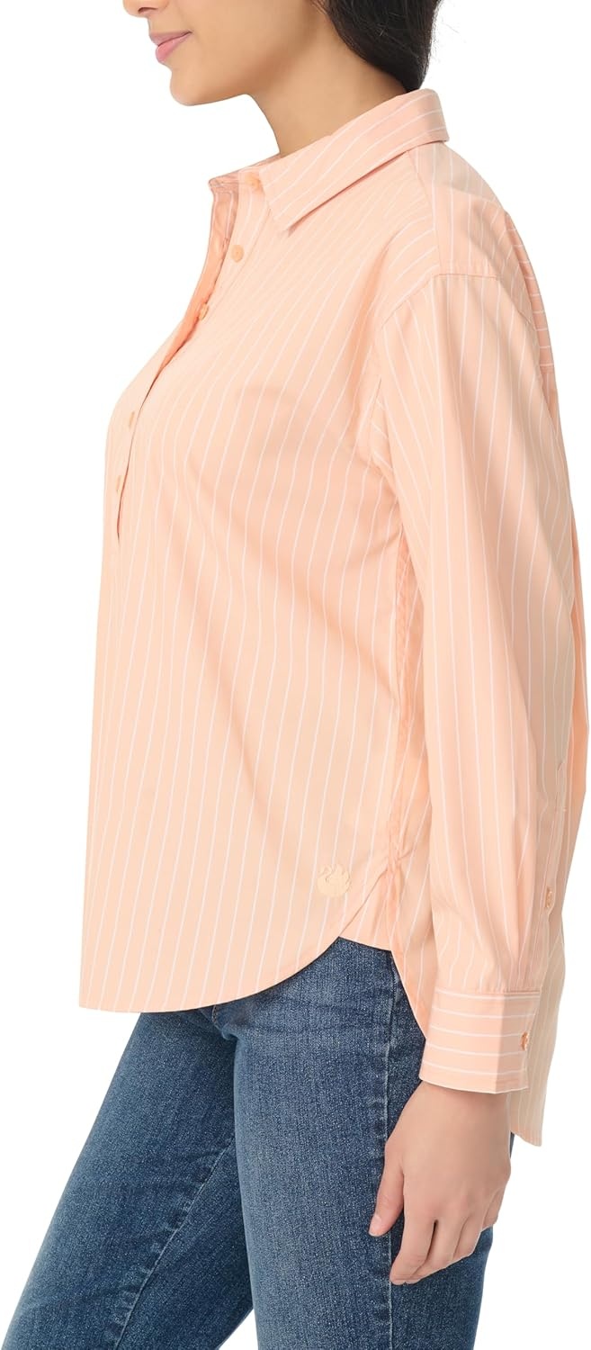image:imageGloria Vanderbilt Womens Amanda HighLow Long Sleeve Pullover Shirt StandardCreamy Peach Shopper Stripe
