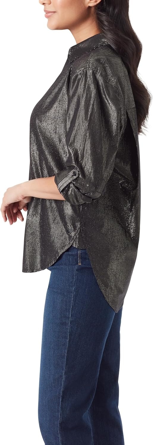 image:imageGloria Vanderbilt Womens Amanda Oversized Button Down Shirt with Rolltab SleevesBlack Lurex