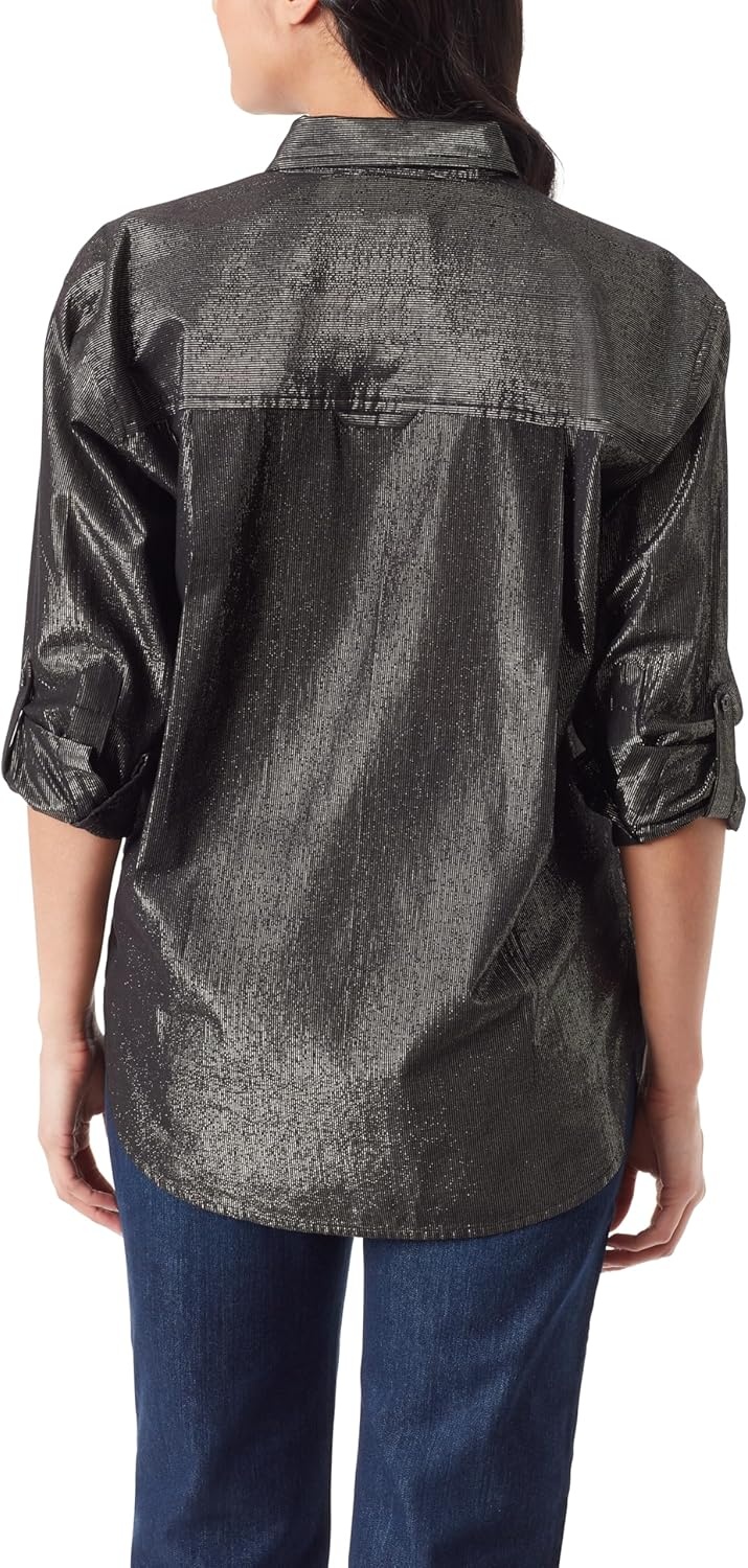 image:imageGloria Vanderbilt Womens Amanda Oversized Button Down Shirt with Rolltab SleevesBlack Lurex