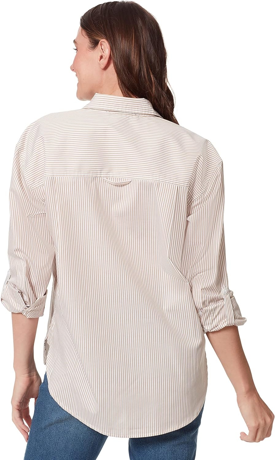 image:imageGloria Vanderbilt Womens Amanda Oversized Button Down Shirt with Rolltab SleevesBuckskin Stripe