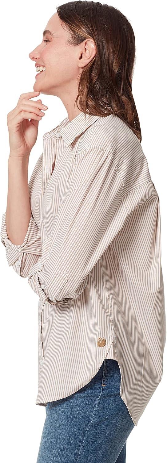 image:imageGloria Vanderbilt Womens Amanda Oversized Button Down Shirt with Rolltab SleevesBuckskin Stripe