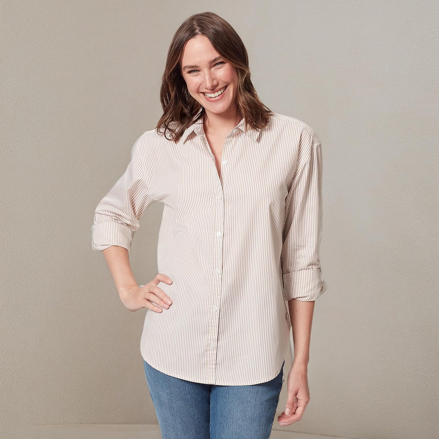 image:imageGloria Vanderbilt Womens Amanda Oversized Button Down Shirt with Rolltab SleevesBuckskin Stripe
