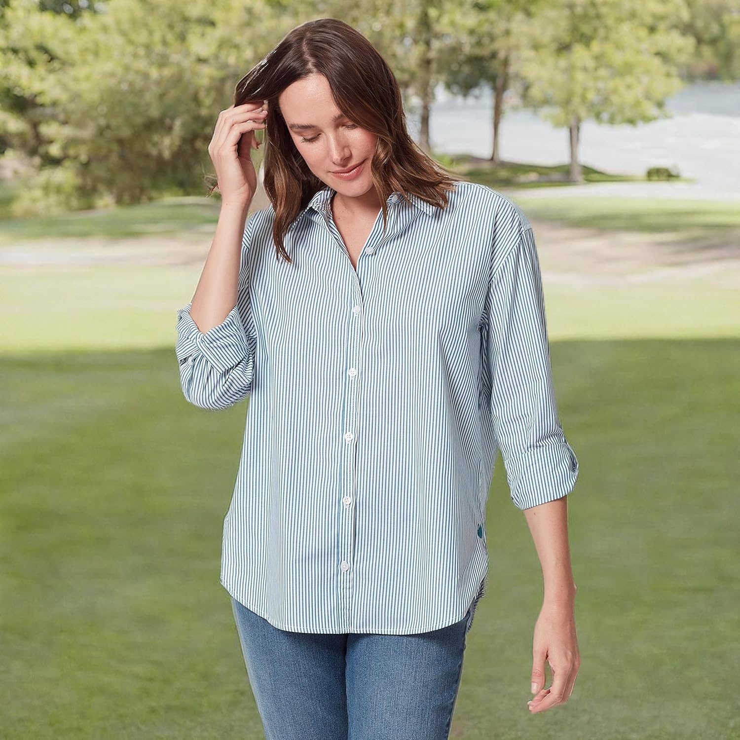 image:imageGloria Vanderbilt Womens Amanda Oversized Button Down Shirt with Rolltab SleevesCaspian Stripe