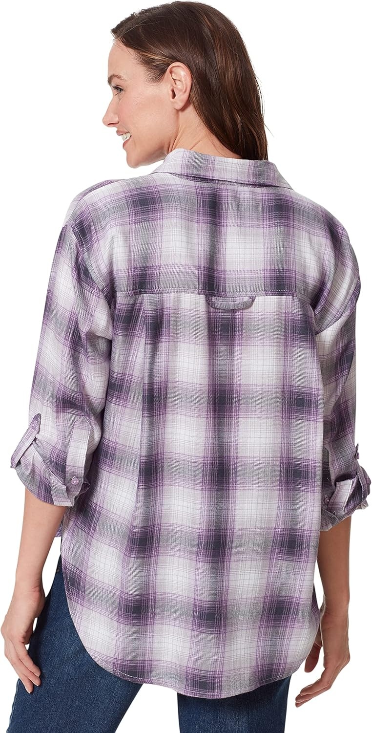 image:imageGloria Vanderbilt Womens Amanda Oversized Button Down Shirt with Rolltab SleevesDusty Iris Camp Plaid