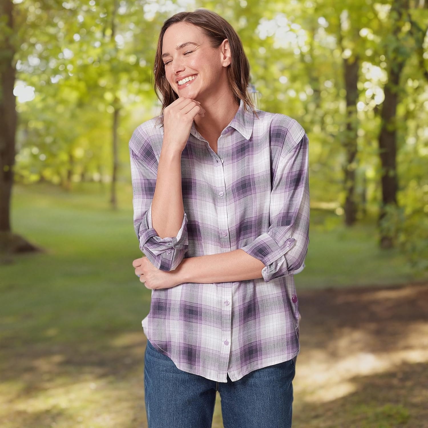 image:imageGloria Vanderbilt Womens Amanda Oversized Button Down Shirt with Rolltab SleevesDusty Iris Camp Plaid