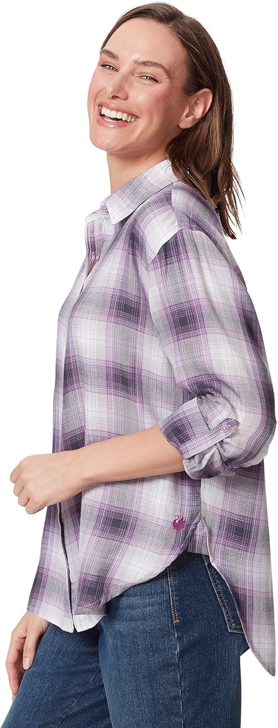 image:imageGloria Vanderbilt Womens Amanda Oversized Button Down Shirt with Rolltab SleevesDusty Iris Camp Plaid