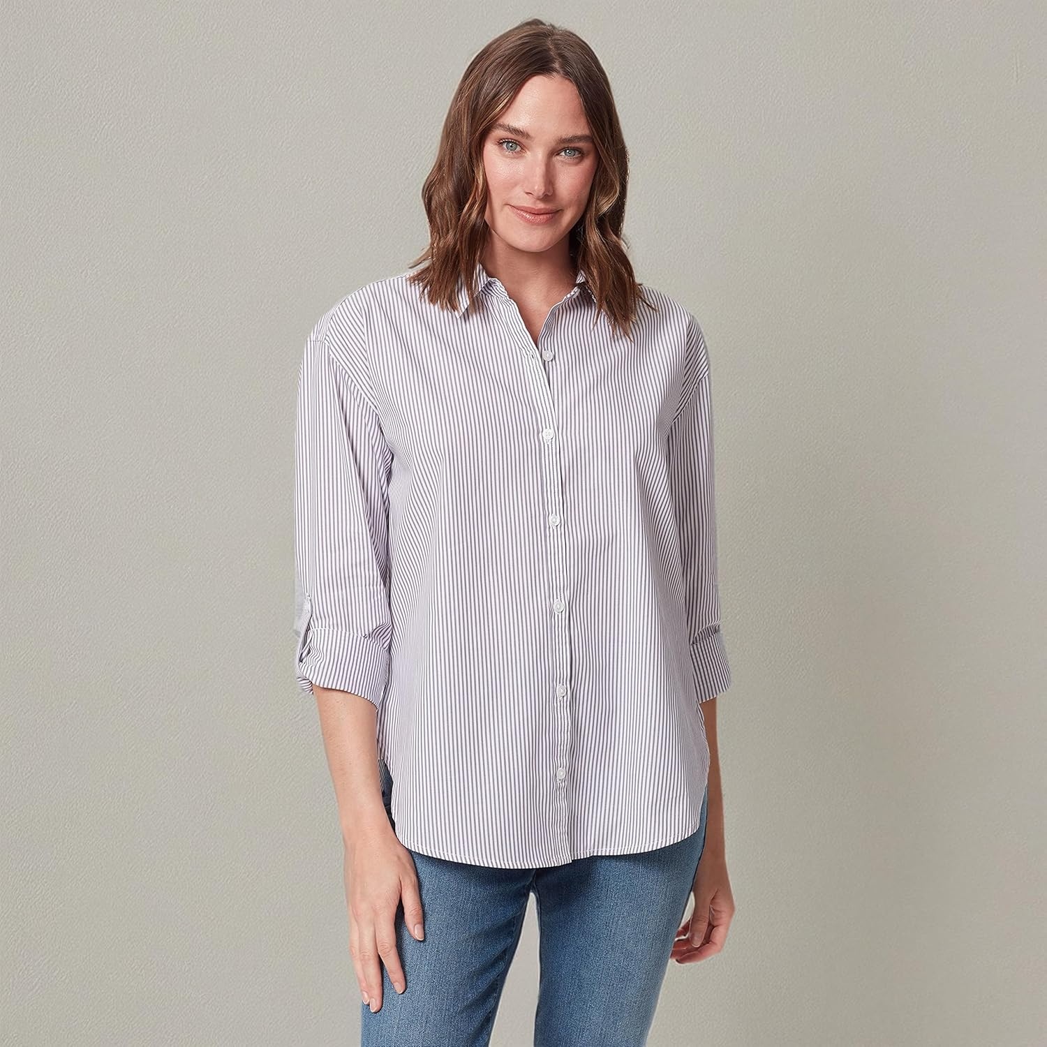 image:imageGloria Vanderbilt Womens Amanda Oversized Button Down Shirt with Rolltab SleevesDusty Iris Stripe