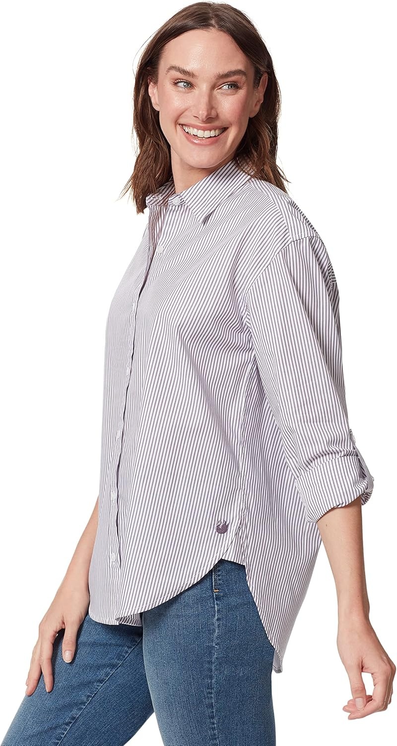 image:imageGloria Vanderbilt Womens Amanda Oversized Button Down Shirt with Rolltab SleevesDusty Iris Stripe