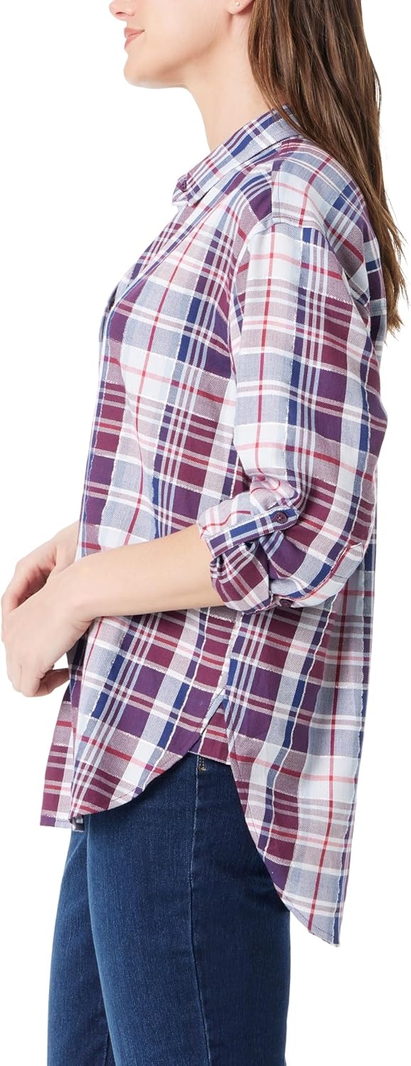 image:imageGloria Vanderbilt Womens Amanda Oversized Button Down Shirt with Rolltab SleevesElectric Violet Ballad Plaid