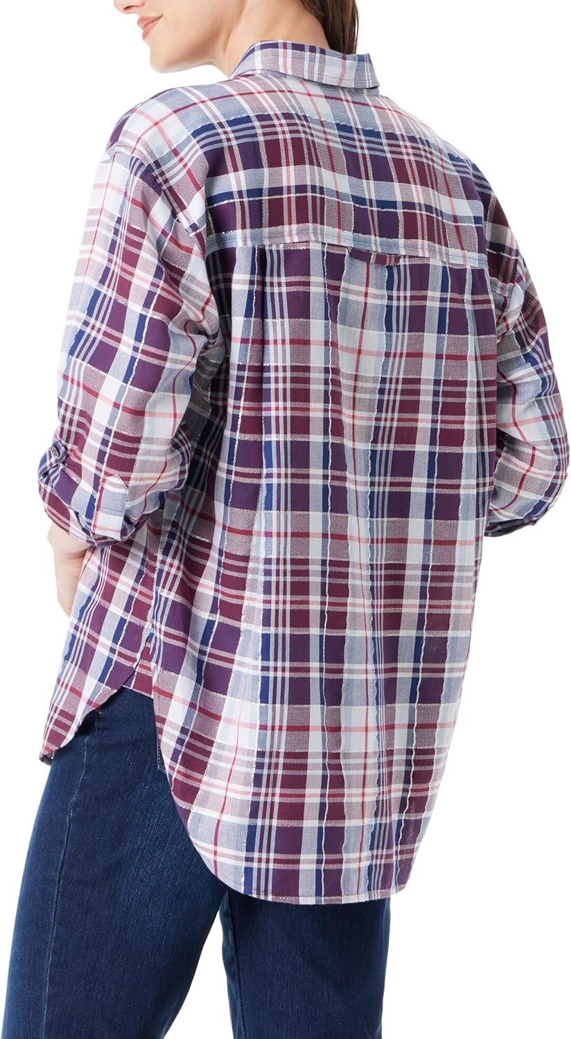 image:imageGloria Vanderbilt Womens Amanda Oversized Button Down Shirt with Rolltab SleevesElectric Violet Ballad Plaid