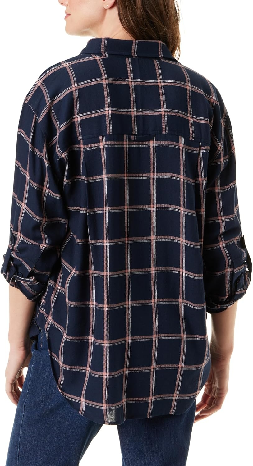 image:imageGloria Vanderbilt Womens Amanda Oversized Button Down Shirt with Rolltab SleevesMidnight Affair Autumn Windowpane