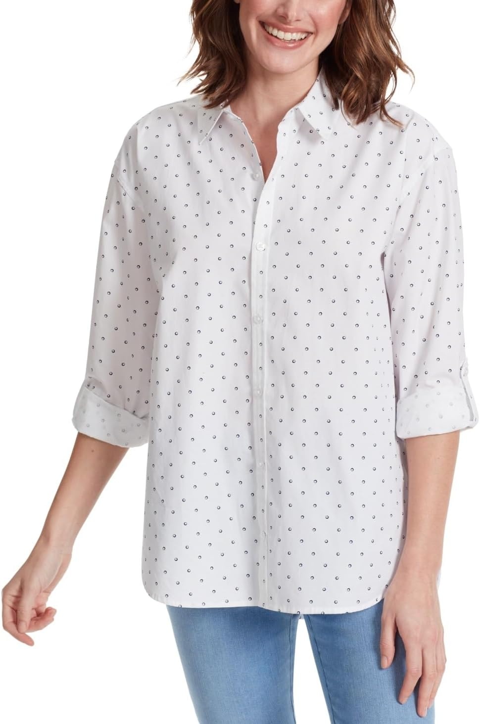 image:imageGloria Vanderbilt Womens Amanda Oversized Button Down Shirt with Rolltab SleevesMidnight Affair Fun Dots