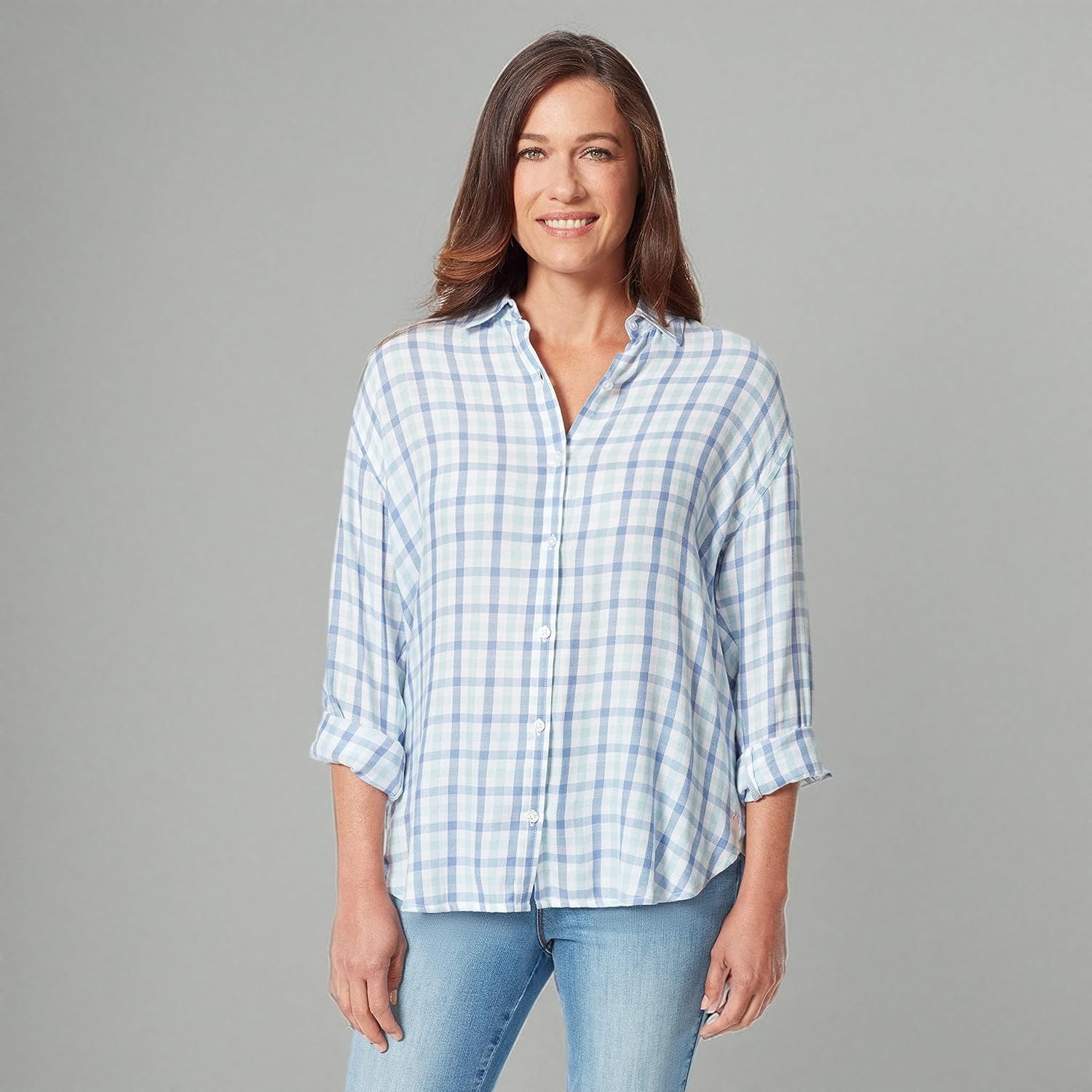 image:imageGloria Vanderbilt Womens Amanda Oversized Button Down Shirt with Rolltab SleevesPale Sky Woodland Gingham
