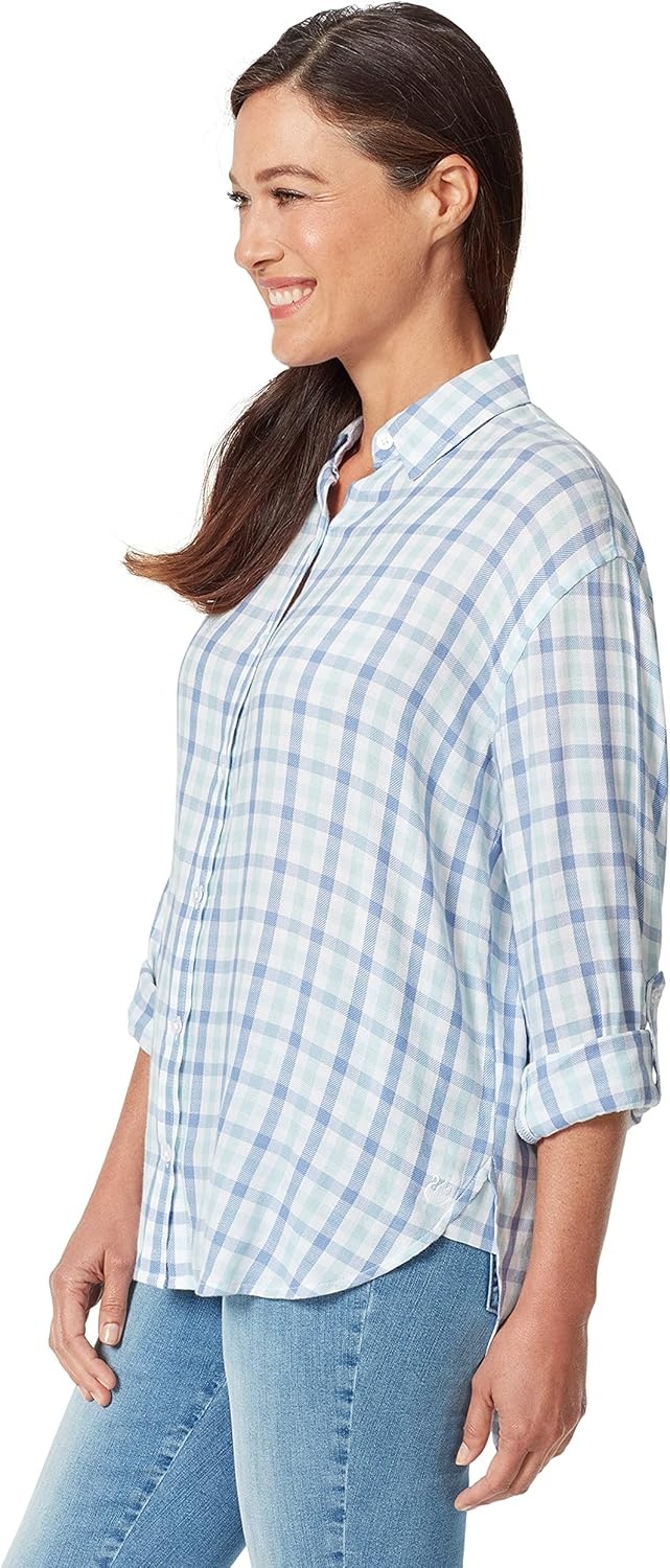 image:imageGloria Vanderbilt Womens Amanda Oversized Button Down Shirt with Rolltab SleevesPale Sky Woodland Gingham