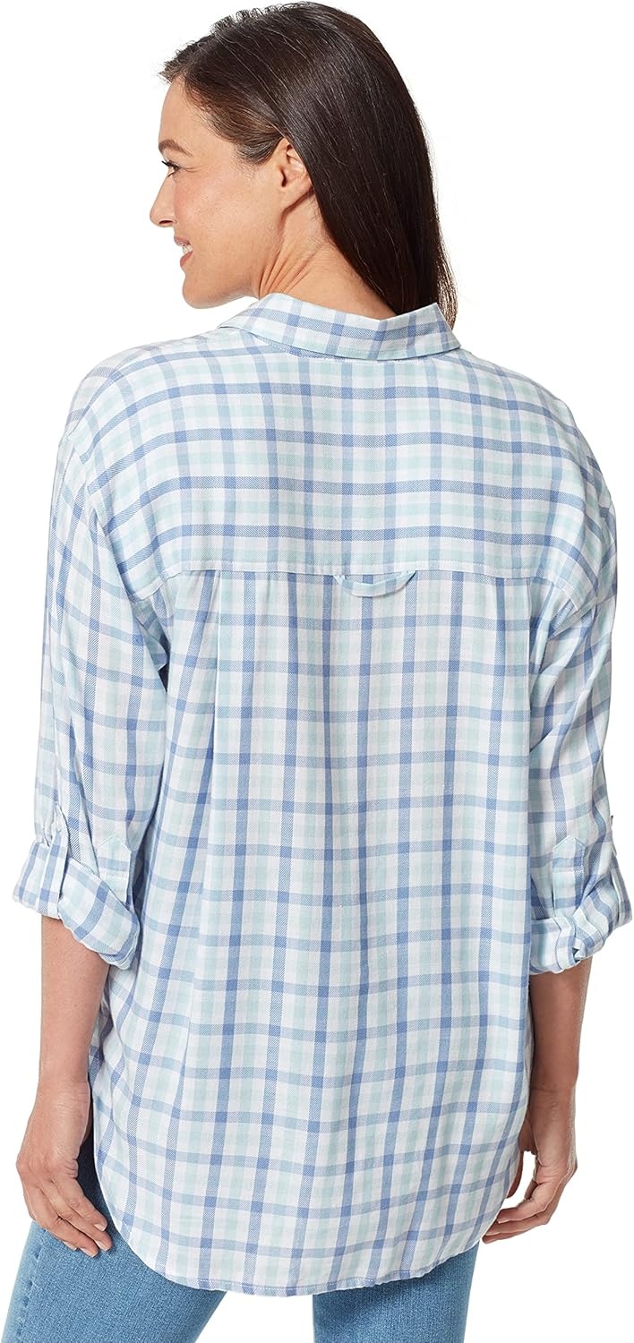 image:imageGloria Vanderbilt Womens Amanda Oversized Button Down Shirt with Rolltab SleevesPale Sky Woodland Gingham