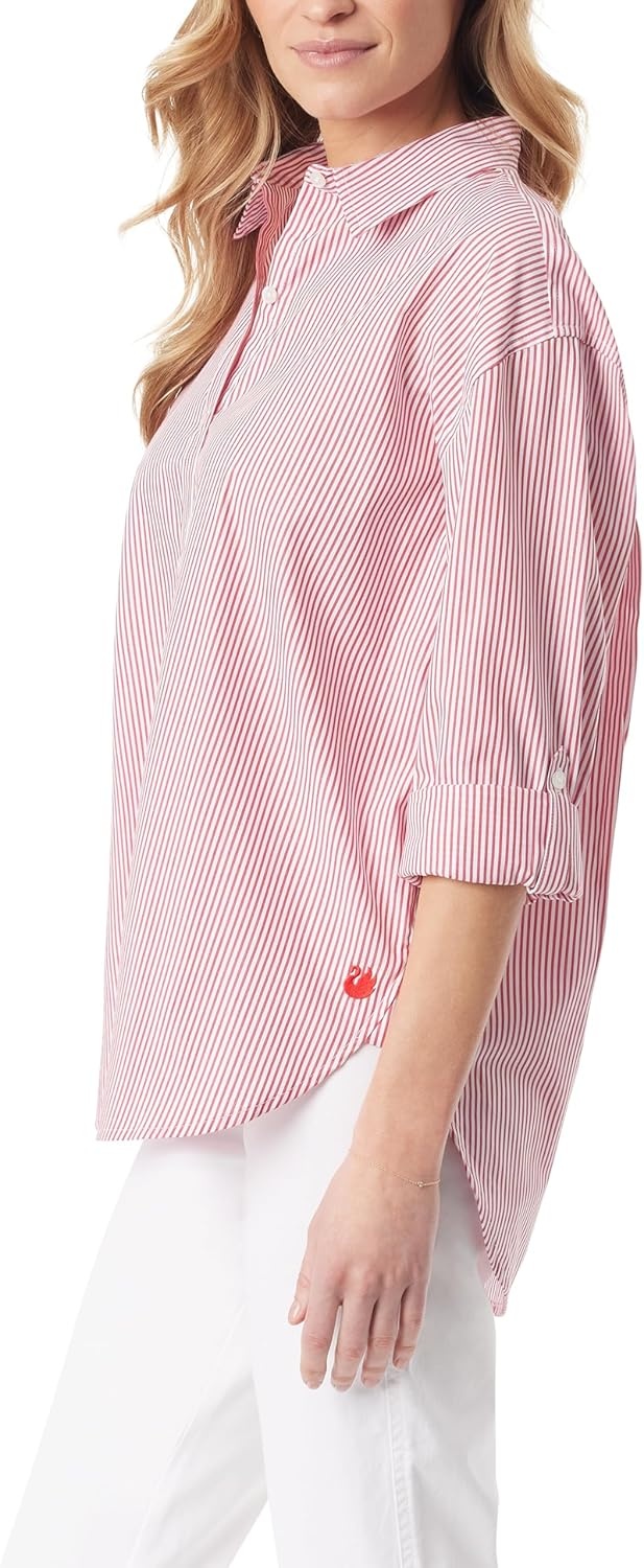 image:imageGloria Vanderbilt Womens Amanda Oversized Button Down Shirt with Rolltab SleevesRed Poppies Stripe
