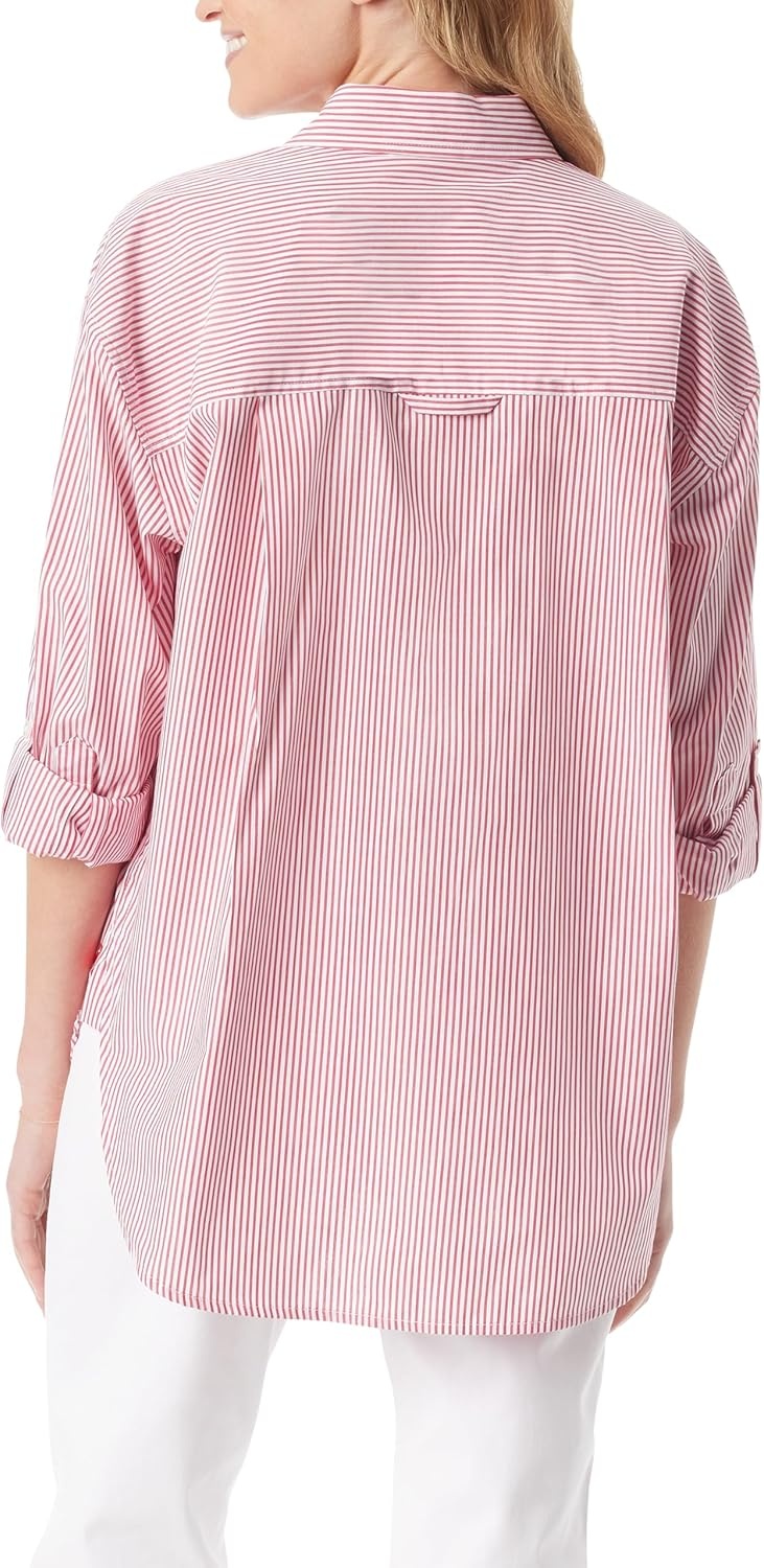 image:imageGloria Vanderbilt Womens Amanda Oversized Button Down Shirt with Rolltab SleevesRed Poppies Stripe