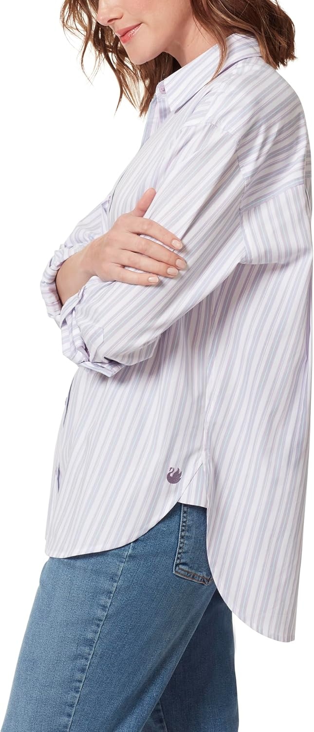image:imageGloria Vanderbilt Womens Amanda Oversized Button Down Shirt with Rolltab SleevesSweet Violet Runway Stripe
