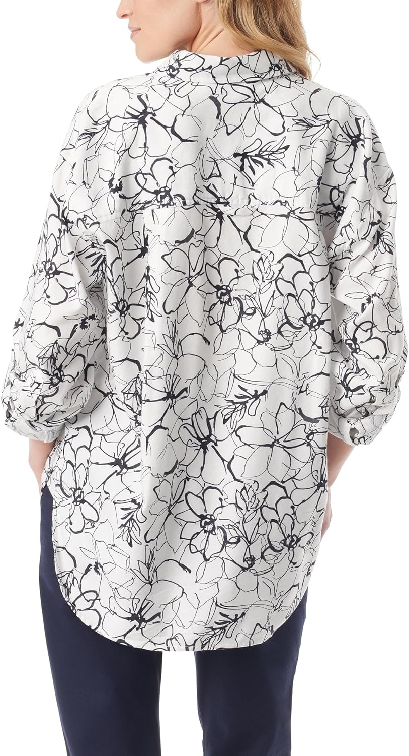 image:imageGloria Vanderbilt Womens Amanda Oversized Button Down Shirt with Rolltab SleevesVintage White Ink Brush Floral